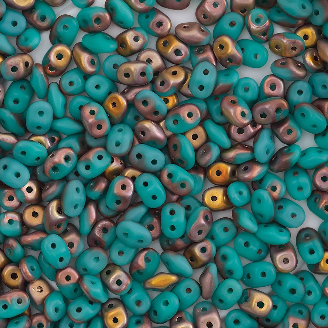 Open in modal - John Bead Czech Glass SuperDuo Two-Hole Beads - Turquoise Apollo Gold, Matte Metallic, 22 g vial