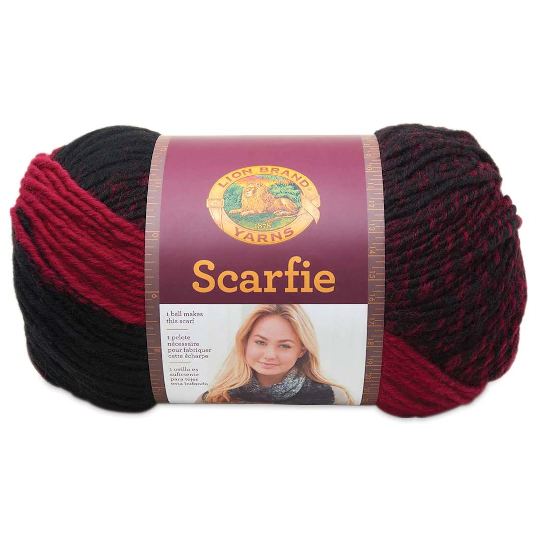 Open in modal - Lion Brand Scarfie Yarn - Black/Cranberry, 312 yds