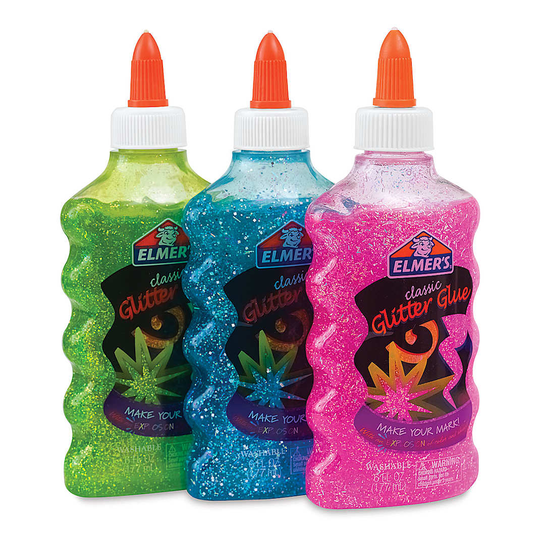 Open in modal - Elmer's Glitter Glue - Green, Blue, and Pink bottles shown at left angle