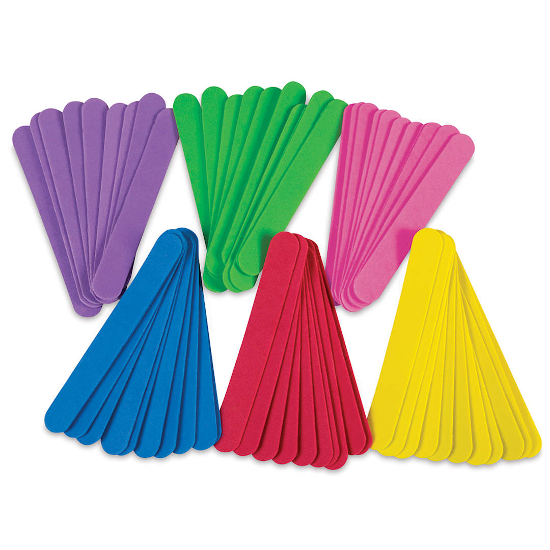 Open in modal - WonderFoam Jumbo Craft Sticks - 6 colors of Craft Sticks shown in piles
