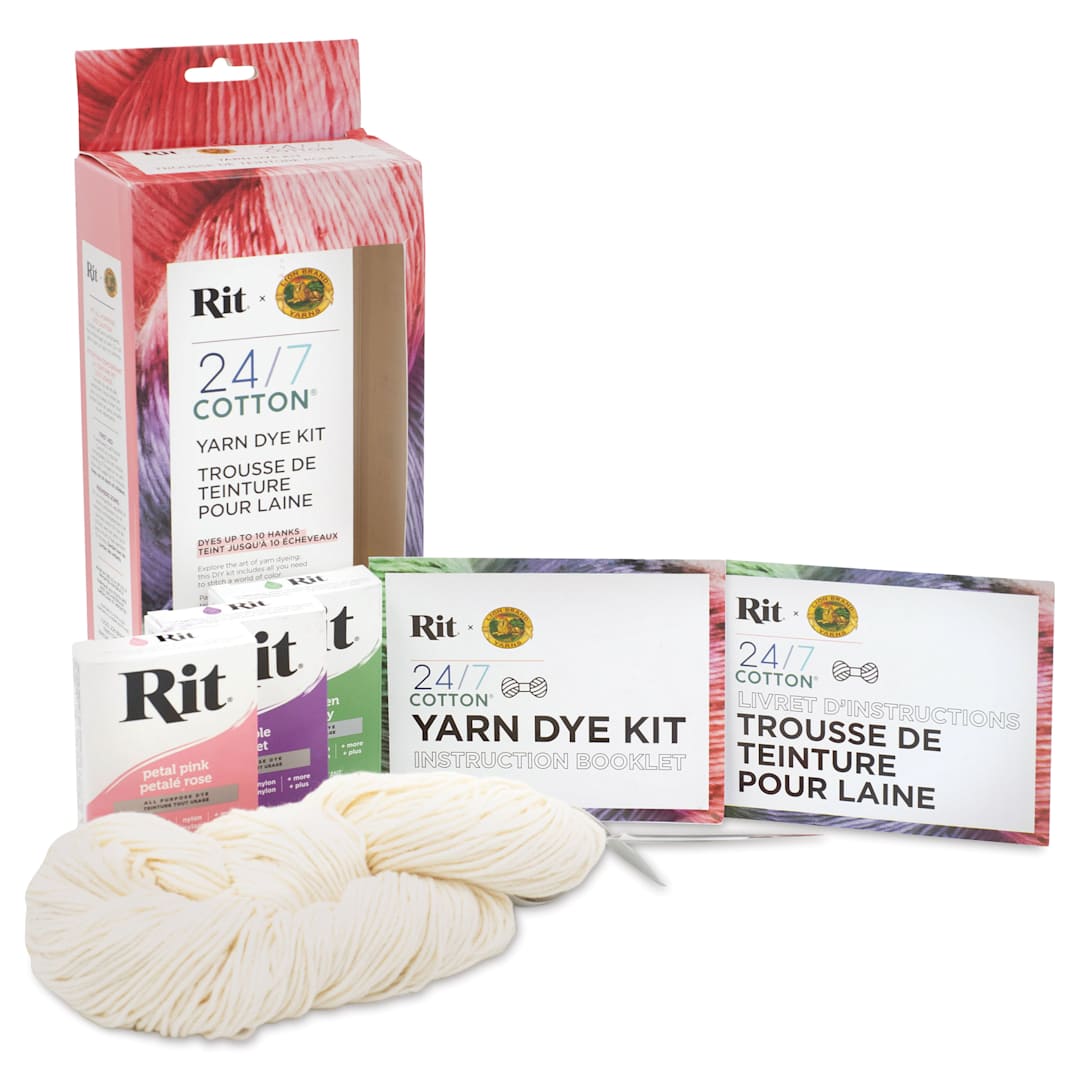 Open in modal - Lion Brand x Rit 24/7 Cotton Yarn Dye Kit - Petal Pink, Purple, and Kelly Green