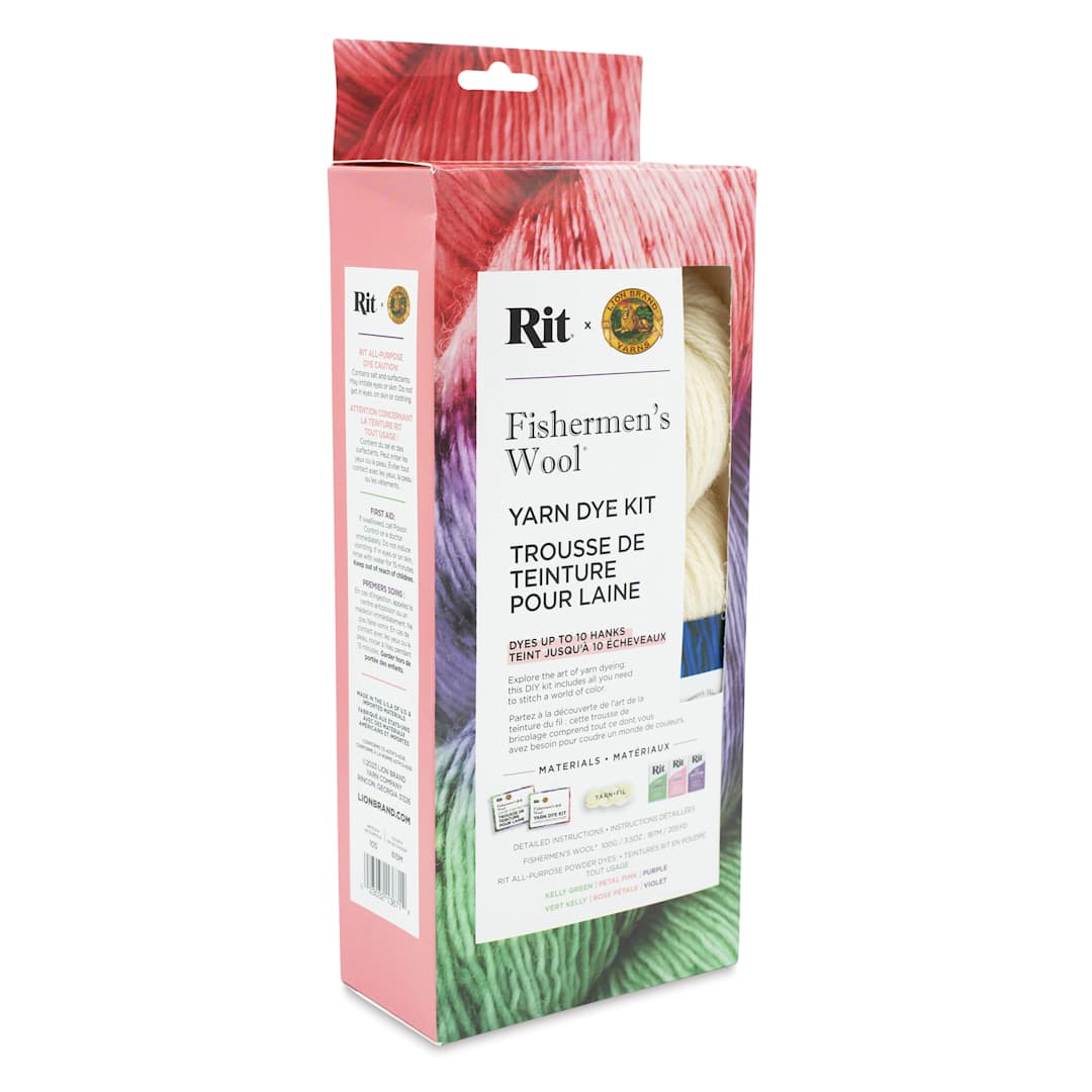 Open in modal - Lion Brand x Rit Fishermen's Wool Yarn Dye Kit - Kelly Green, Purple, and Petal Pink front of packaging