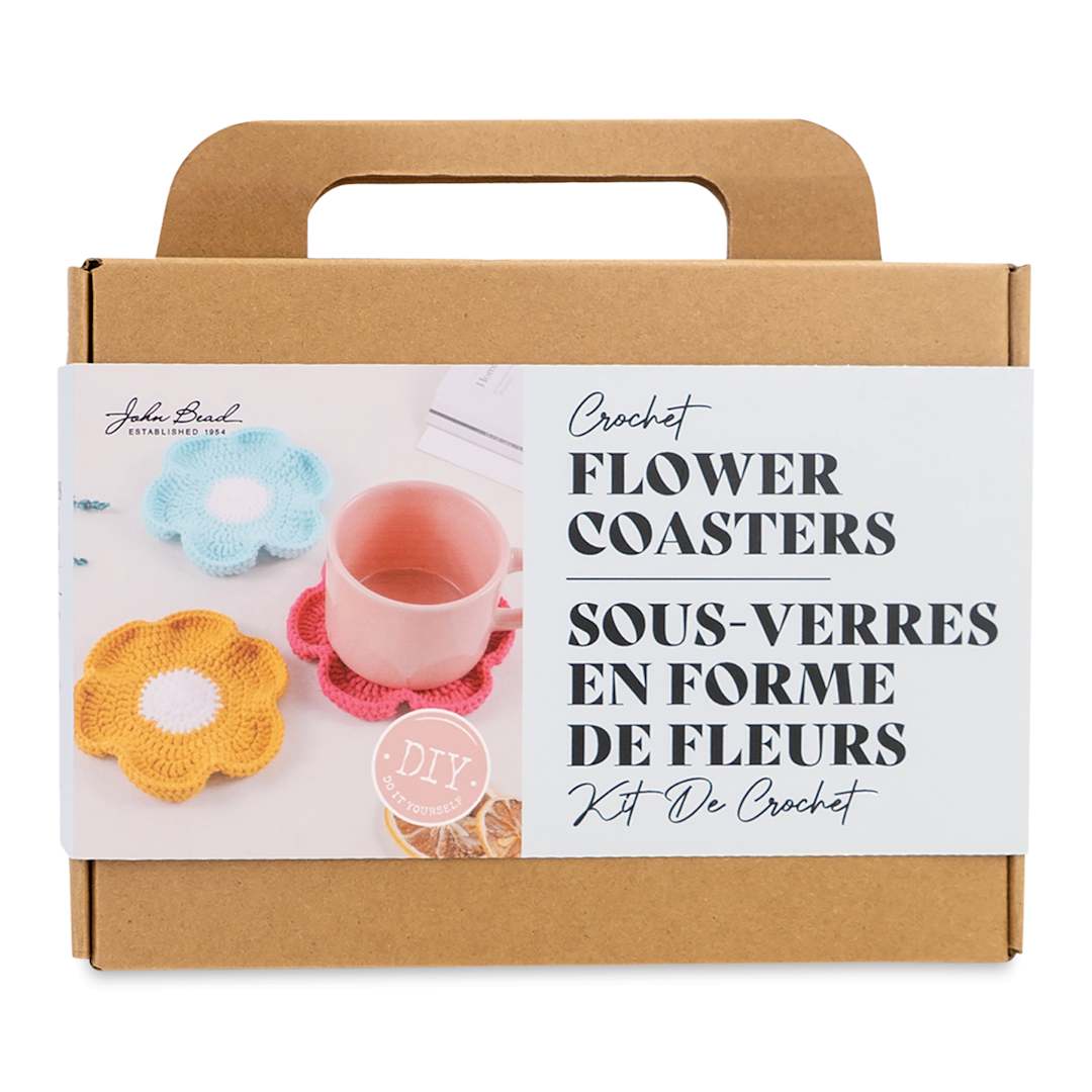 Open in modal - John Bead Flower Coasters Crochet Kit front of packaging