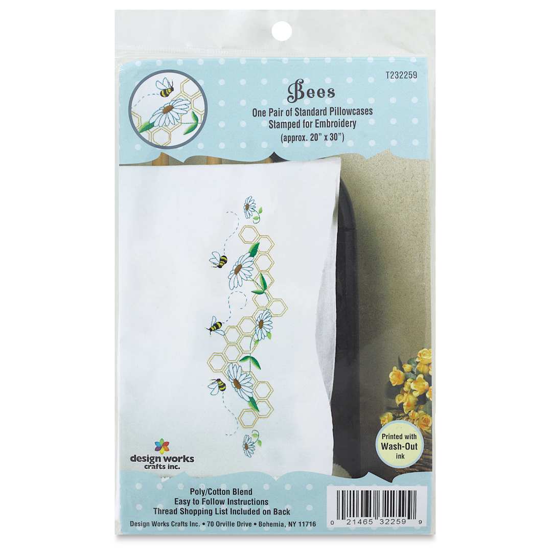Open in modal - Design Works Stamped For Embroidery Pillowcase - Bees, Pkg of 2, front of packaging