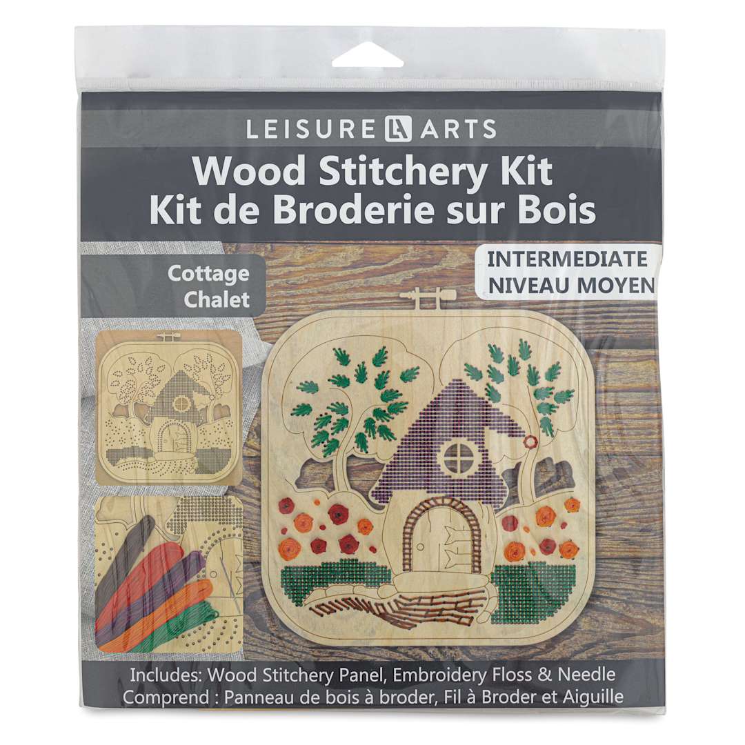 Open in modal - Leisure Arts Wood Stitchery Kit - Cottage, Square Panel - front of packaging