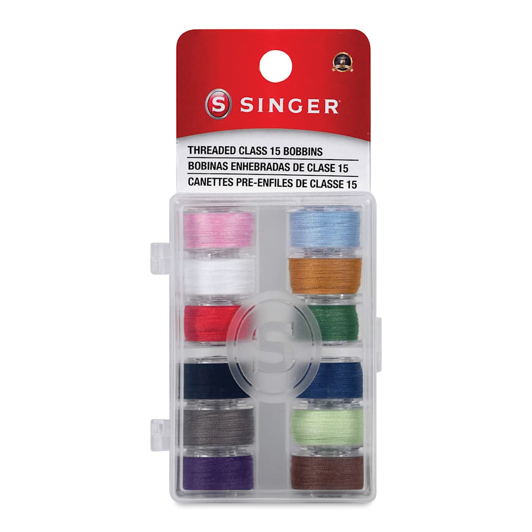 Open in modal - Singer Sewing Machine Bobbins - Class 15, Assorted Colors, Pkg of 12, front of the packaging