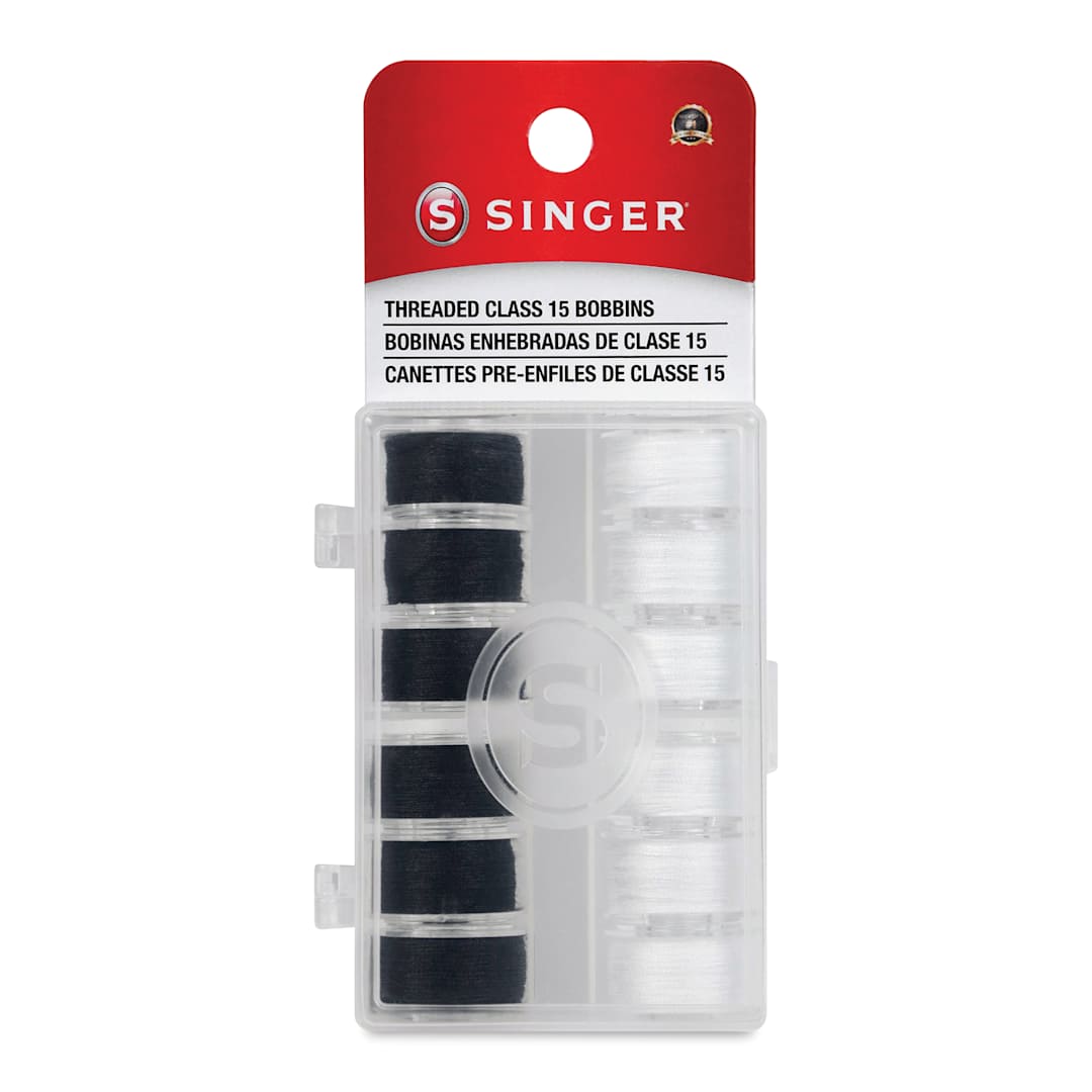 Open in modal - Singer Sewing Machine Bobbins - Class 15, Black and White, Pkg of 12 front of the packaging