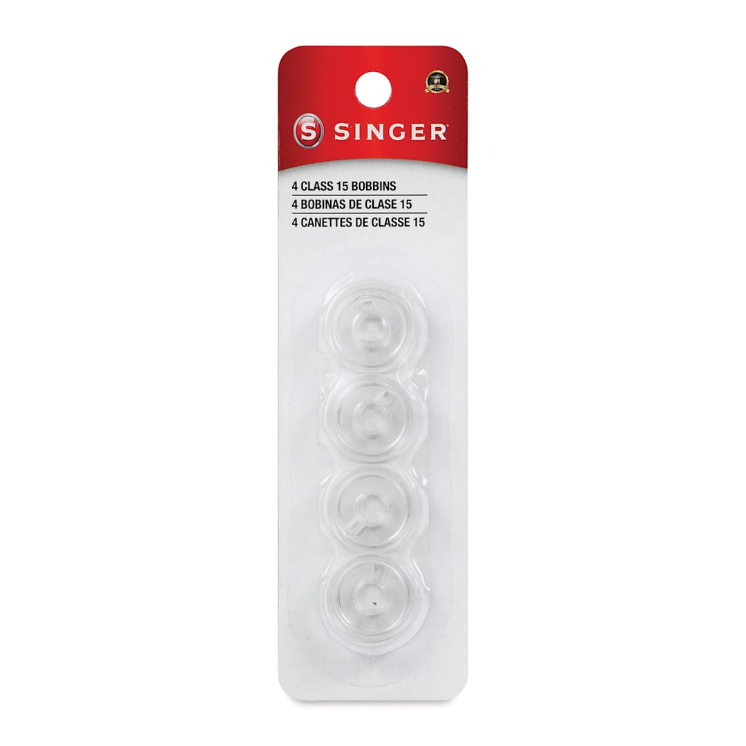 Open in modal - Singer Sewing Machine Bobbins - Class 15, Clear, Pkg of 4, front of the packaging