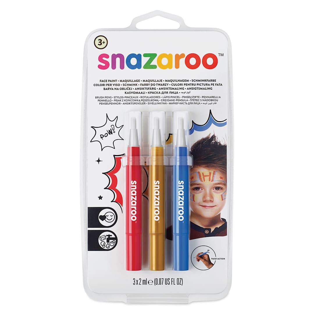 Open in modal - Snazaroo Face Paint Brush Pen Set - Front of blister package of 3 Adventure Colors