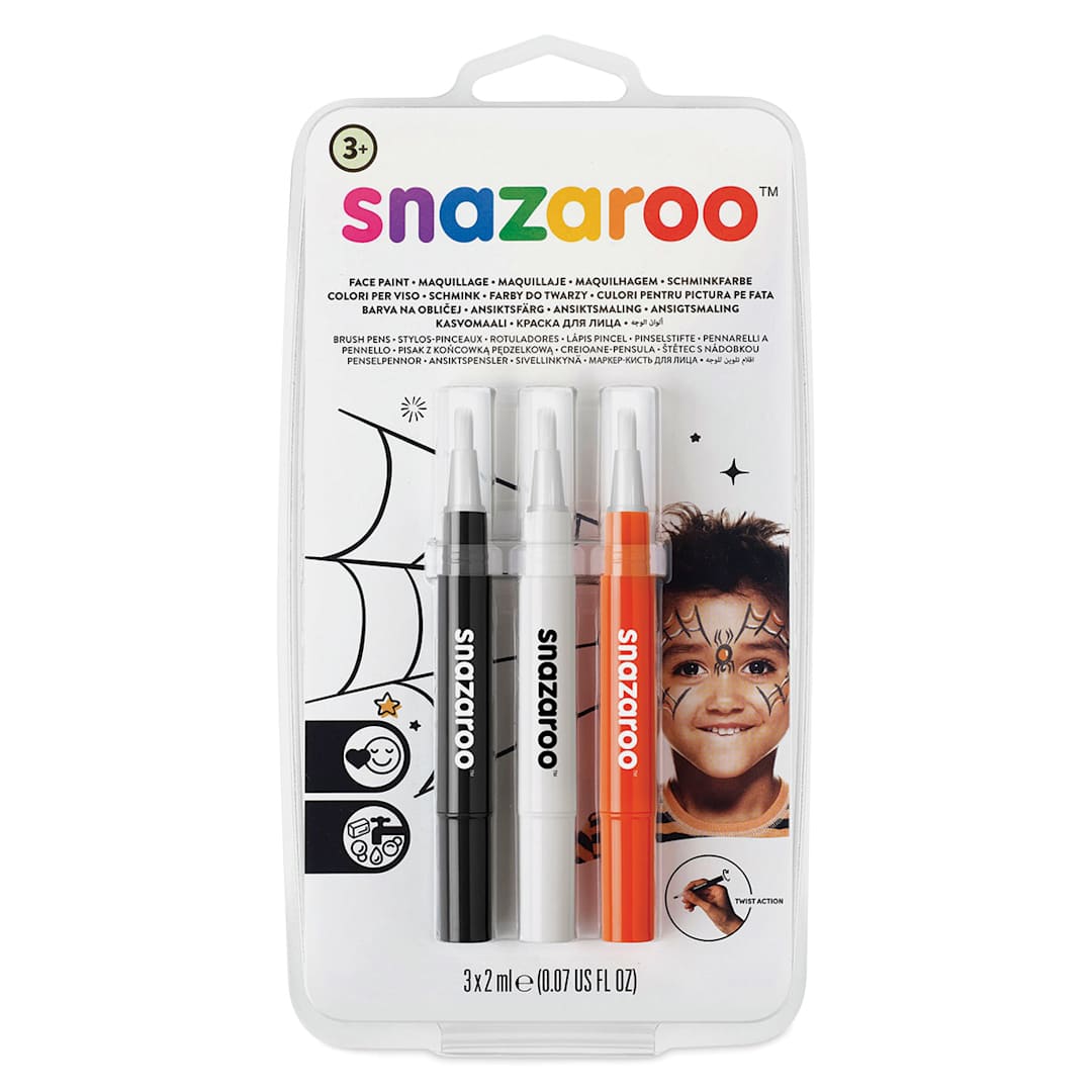 Open in modal - Snazaroo Face Paint Brush Pen Set - Front of blister package of 3 Halloween Colors