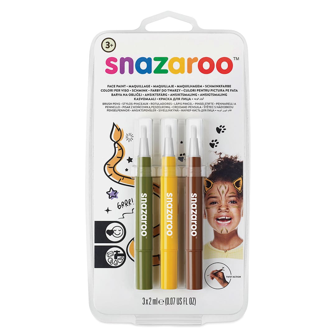 Open in modal - Snazaroo Face Paint Brush Pen Set - Front of blister package of 3 Jungle Colors