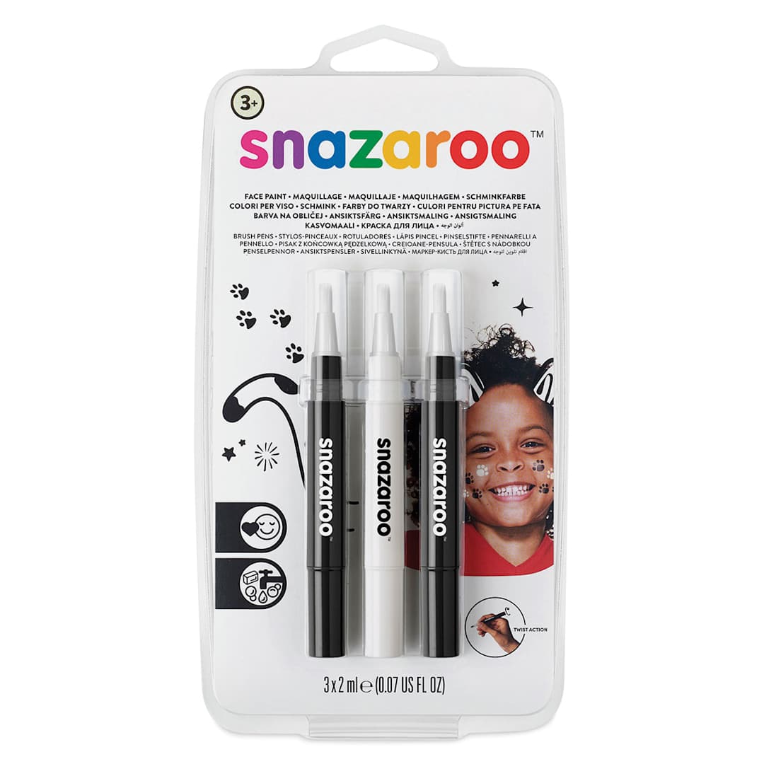 Open in modal - Snazaroo Face Paint Brush Pen Set - Front of blister package of 3 Monochrome Colors