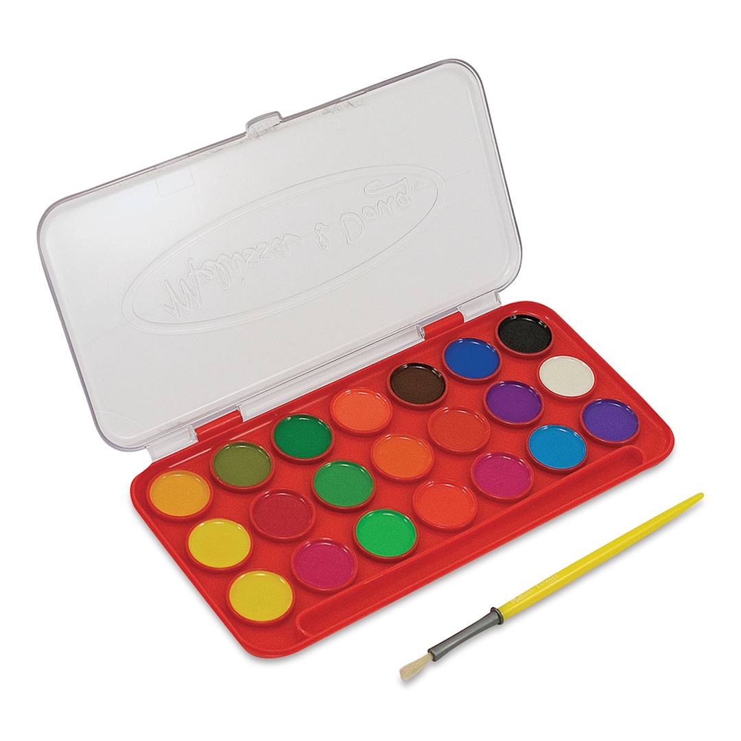 Open in modal - Melissa & Doug Deluxe Watercolor Pan Set - Set of 21, Vibrant Colors, Round (Paint pan lid open, shown with paint brush)