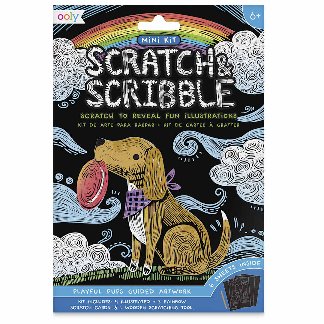 Open in modal - Ooly Scratch and Scribble Mini Scratch Art Kit - Front of package of Playful Pups