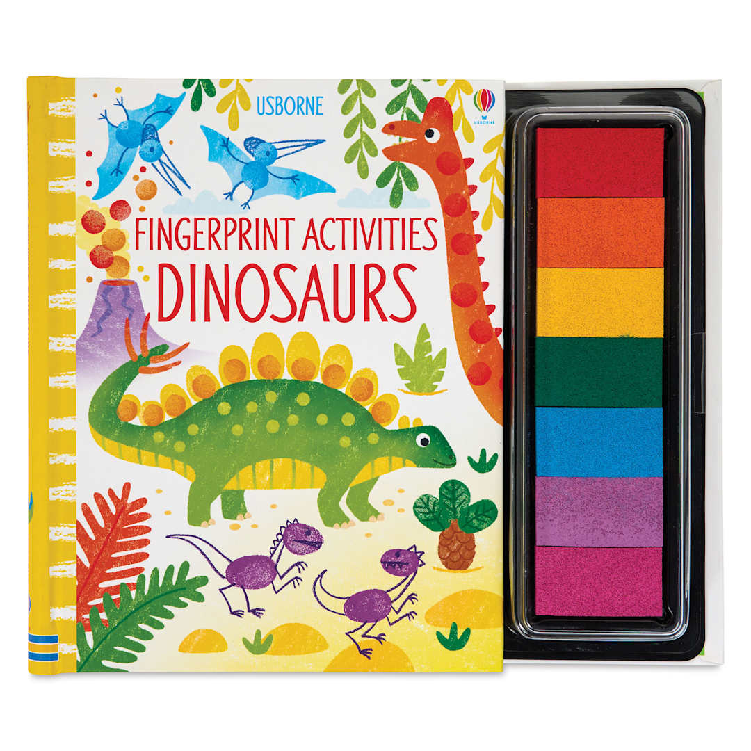 Open in modal - Usborne Fingerprint Activity Book - Dinosaurs, front cover