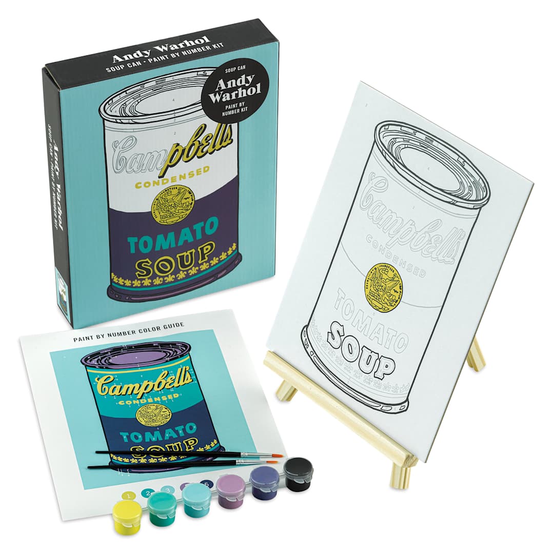 Open in modal - Andy Warhol Soup Can Paint By Number Kit (front of packaging with contents)