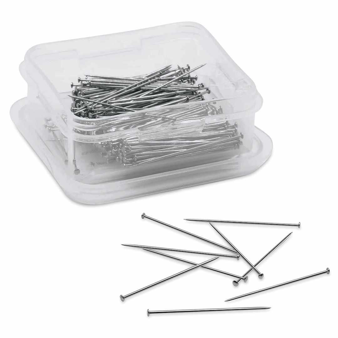 Open in modal - Dritz Dressmaker Pins - 1-1/4", Pkg of 200 storage box open beside cluster of pins