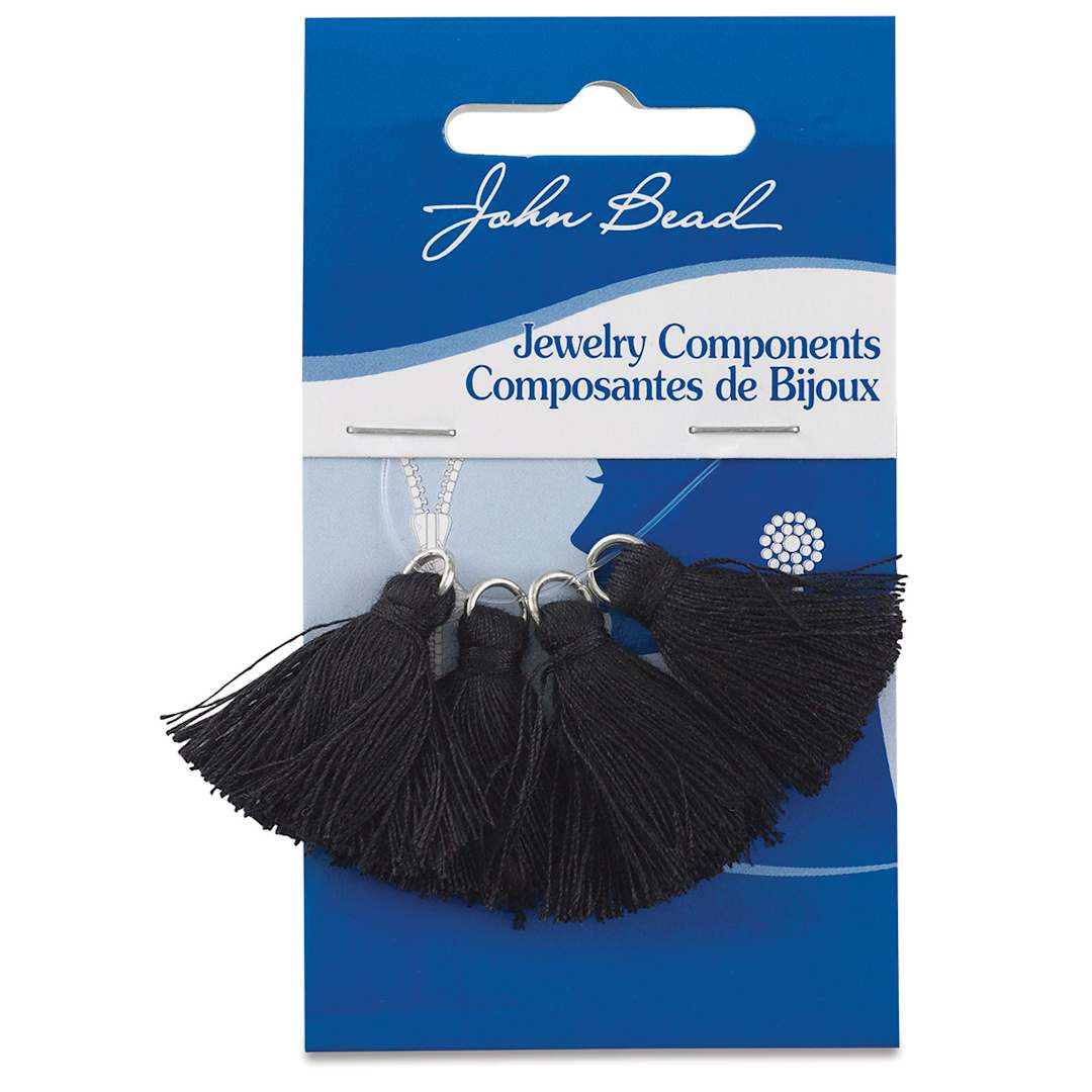 Open in modal - John Bead Poly Cotton Tassels - Front of blister package of 4 Black Tassels