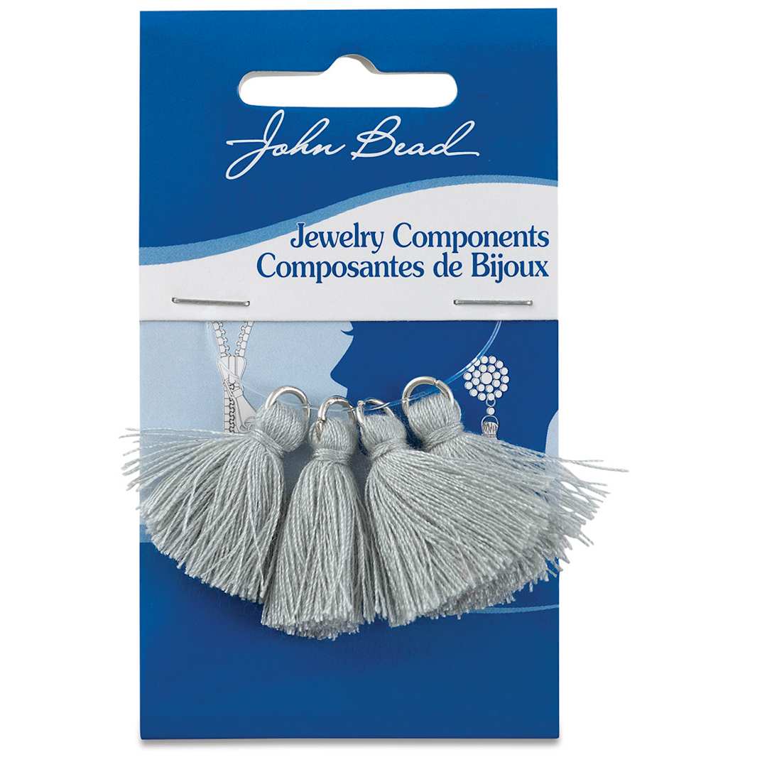Open in modal - John Bead Poly Cotton Tassels - Front of blister package of 4 Grey Tassels