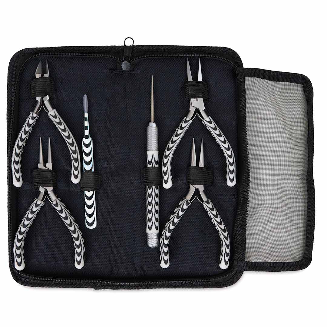 Open in modal - Beadsmith Zebra Tool Kit - Set of 6, carrying case opened displaying contents