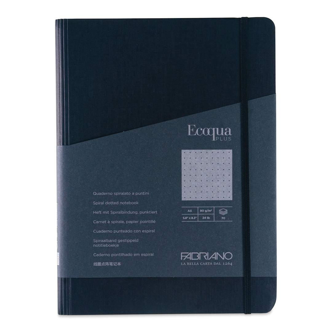 Open in modal - Fabriano Ecoqua Plus Hidden Spiral-Bound Notebook - Black, 8-1/4" x 5-4/5". Dot Grid, front cover
