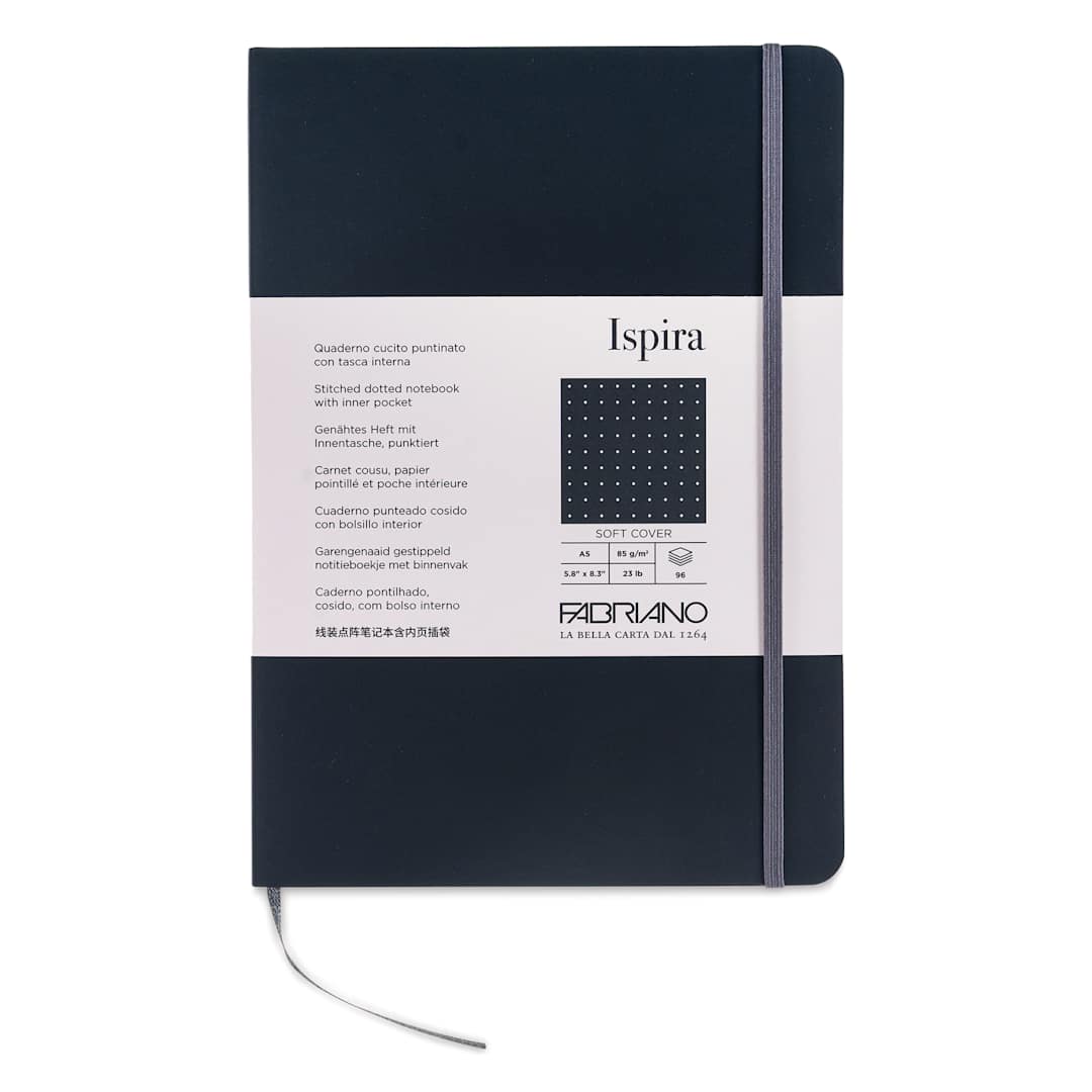 Open in modal - Fabriano Ispira Soft-Cover Notebook - Black, 5-4/5" x 8-1/4", Dot Grid, front cover