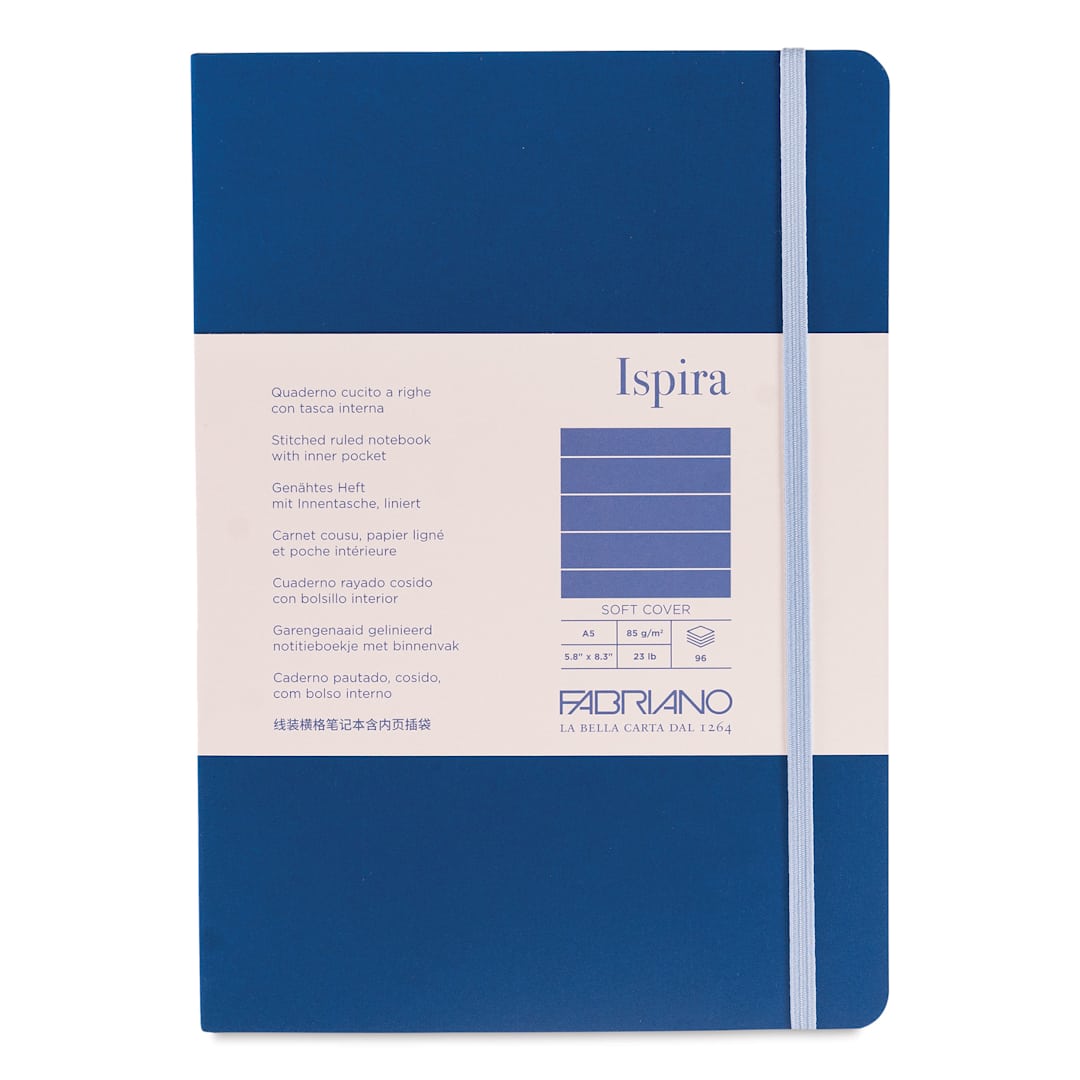Open in modal - Fabriano Ispira Soft-Cover Notebook - Blue, 5-4/5" x 8-1/4", Ruled, front cover