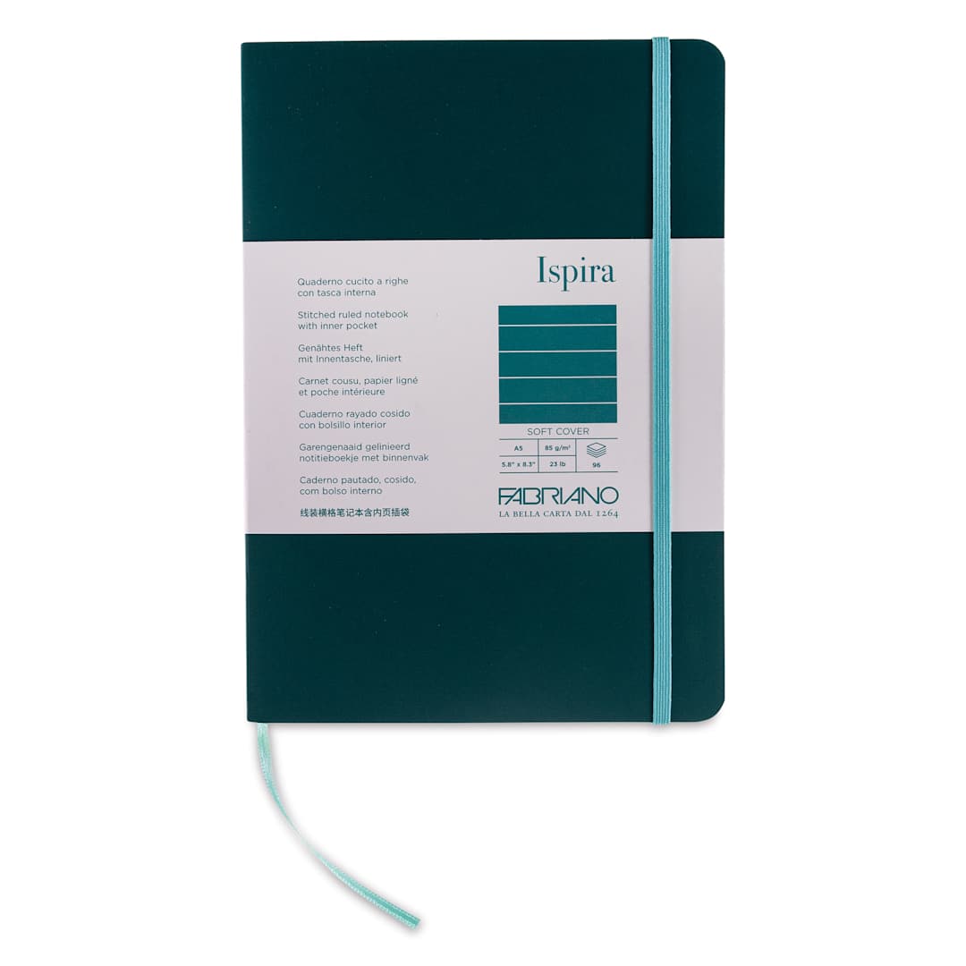 Open in modal - Fabriano Ispira Soft-Cover Notebook - Green, 5-4/5" x 8-1/4", Ruled, front cover