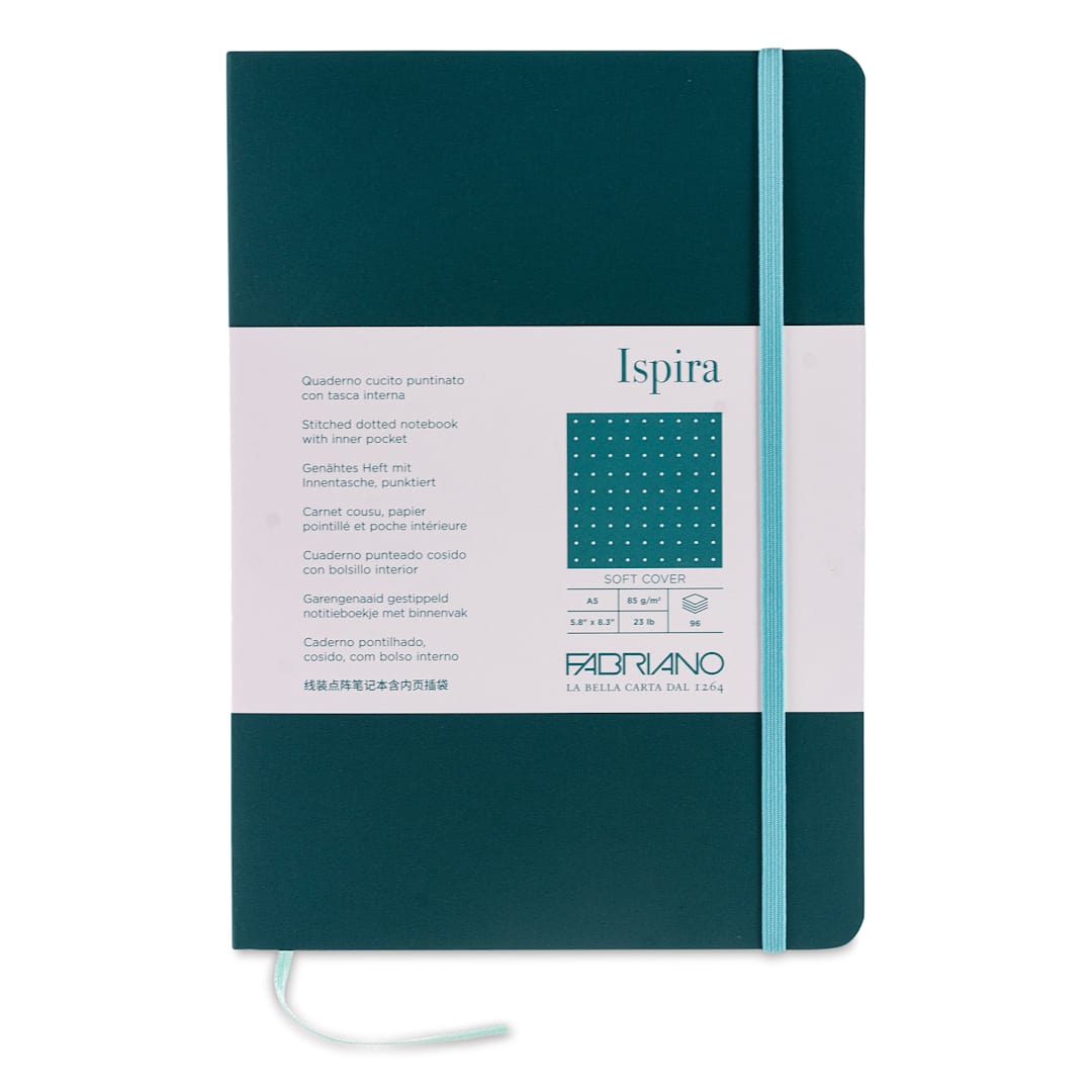 Open in modal - Fabriano Ispira Soft-Cover Notebook - Green, 5-4/5" x 8-1/4", Dot Grid, front cover