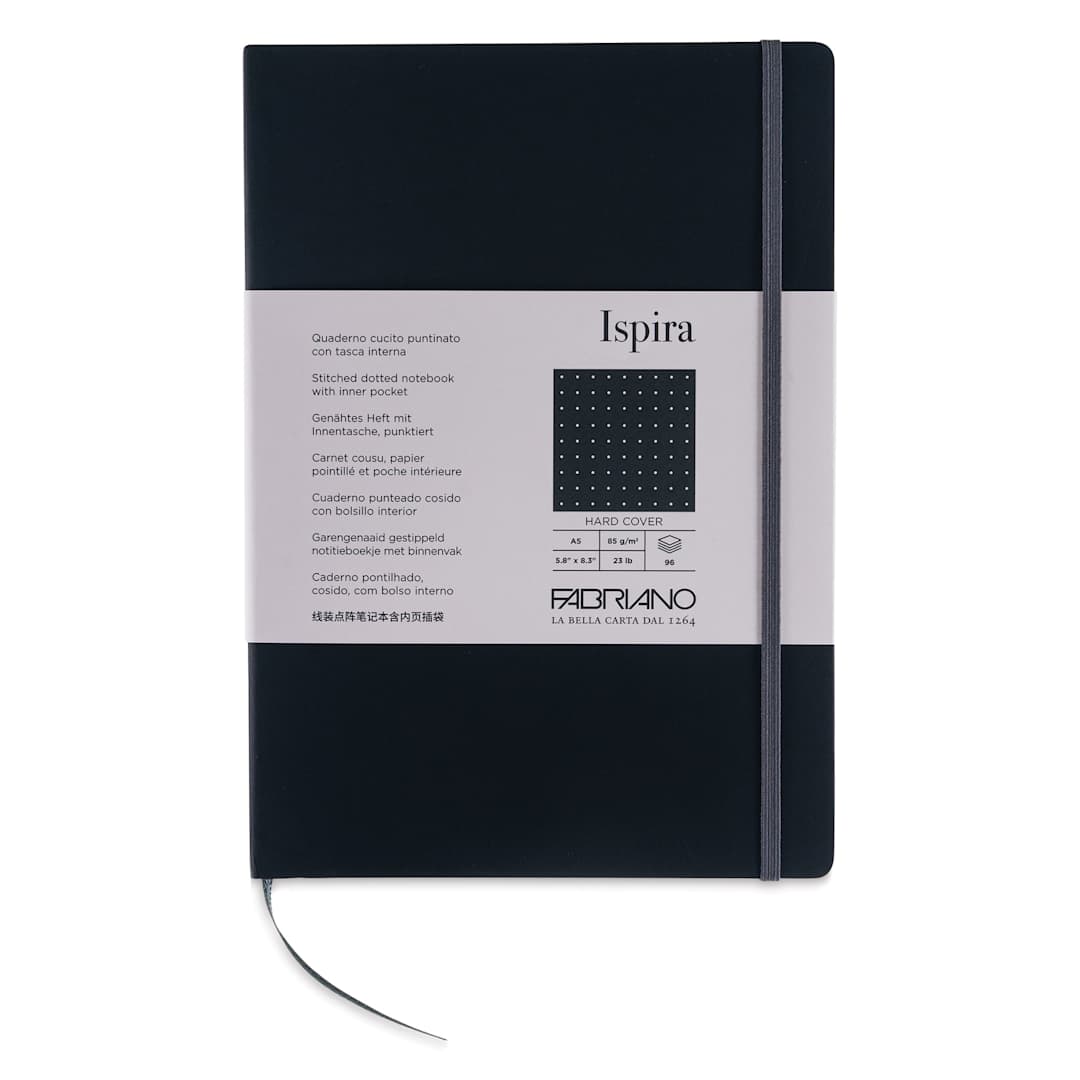 Open in modal - Fabriano Ispira Hard-Cover Notebook - Black, 5-4/5" x 8-1/4", Dot Grid, front cover