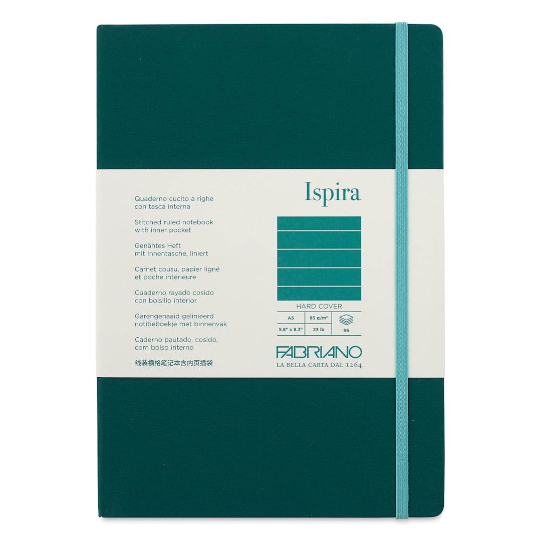 Open in modal - Fabriano Ispira Hard-Cover Notebook - Green, 5-4/5" x 8-1/4", Lined, front cover