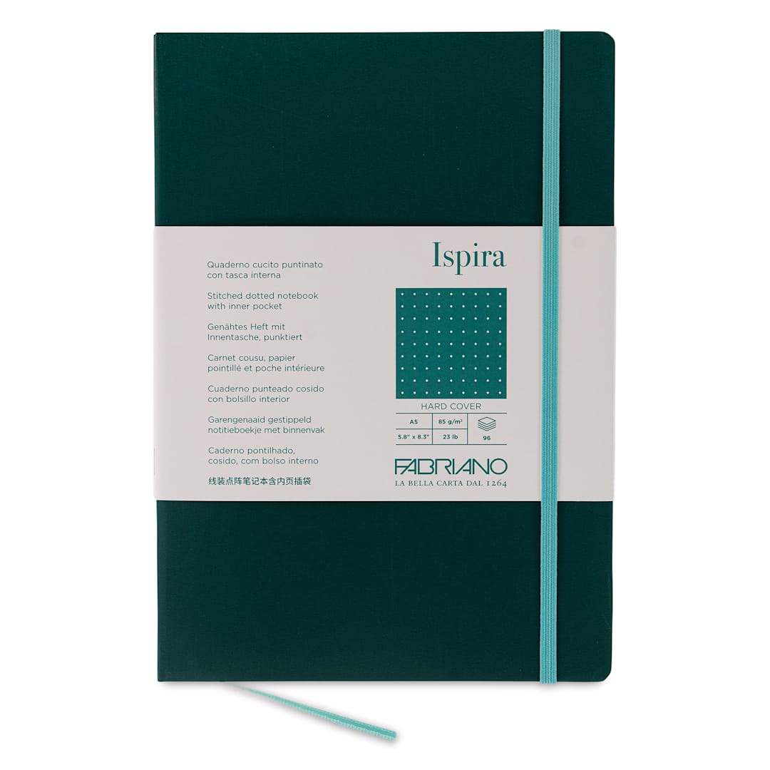 Open in modal - Fabriano Ispira Hard-Cover Notebook - Green, 5-4/5" x 8-1/4", Dot Grid, front cover