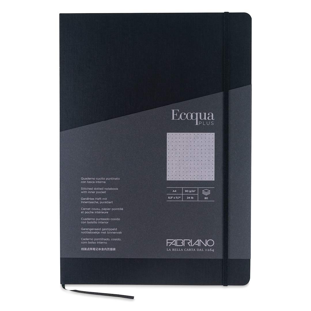 Open in modal - Fabriano EcoQua Plus Stitch-Bound Notebook - Black, 8-1/4" x 11-3/4", Dot Grid, front cover