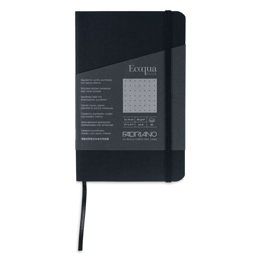 Open in modal - Fabriano EcoQua Plus Stitch-Bound Notebook - Black, 3-1/2" x 5-1/2", Dot Grid, front cover