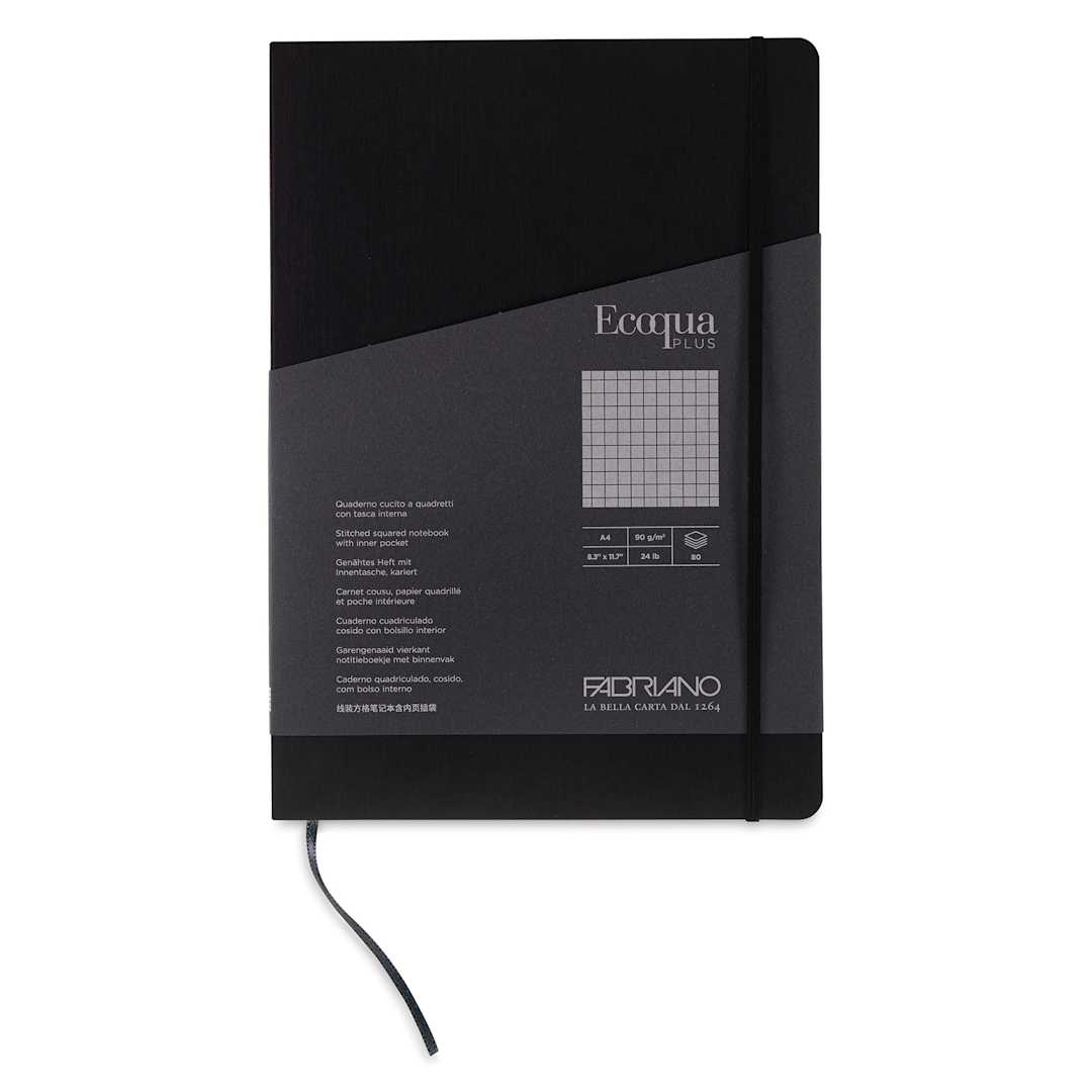 Open in modal - Fabriano EcoQua Plus Stitch-Bound Notebook - Black, 8-1/4" x 11-3/4", Grid, front cover