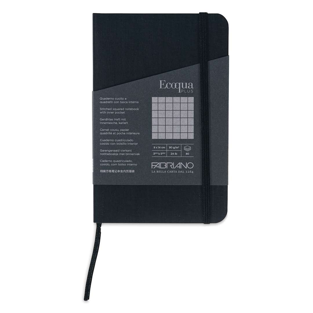 Open in modal - Fabriano EcoQua Plus Stitch-Bound Notebook - Black, 3-1/2" x 5-1/2", Grid, front cover