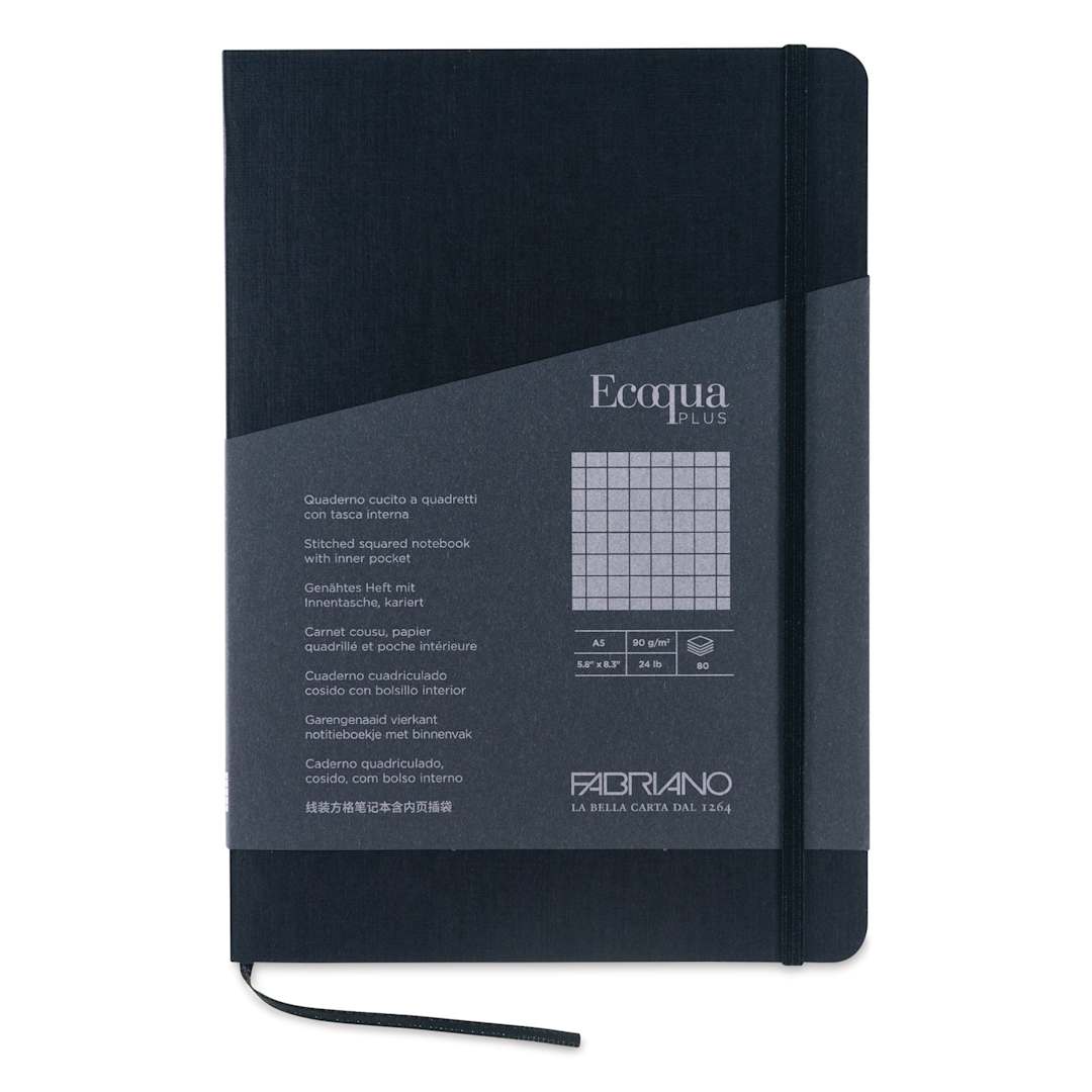 Open in modal - Fabriano EcoQua Plus Stitch-Bound Notebook - Black, 5-4/5" x 8-1/4", Grid, front cover