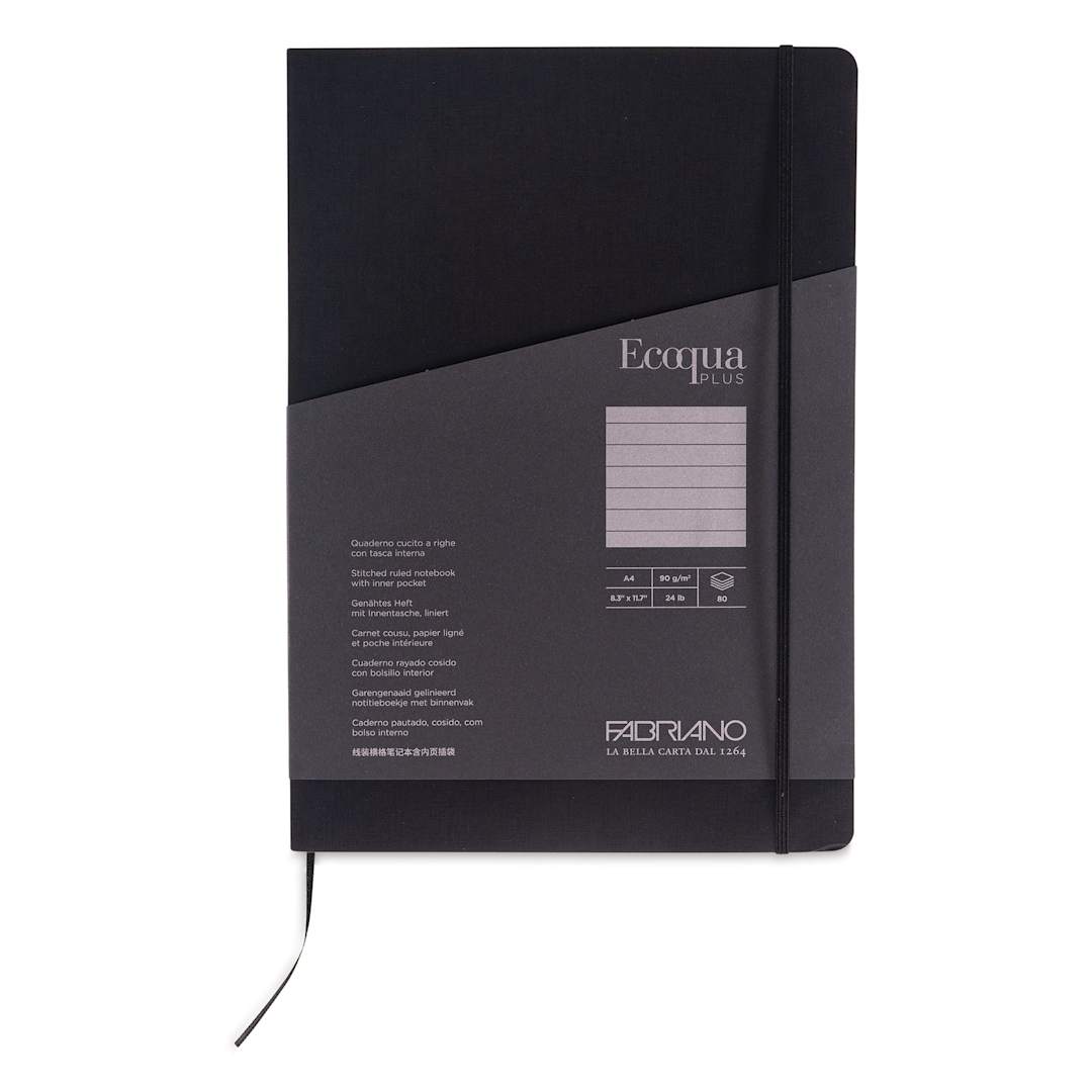 Open in modal - Fabriano EcoQua Plus Stitch-Bound Notebook - Black, 8-1/4" x 11-3/4", Lined, front cover
