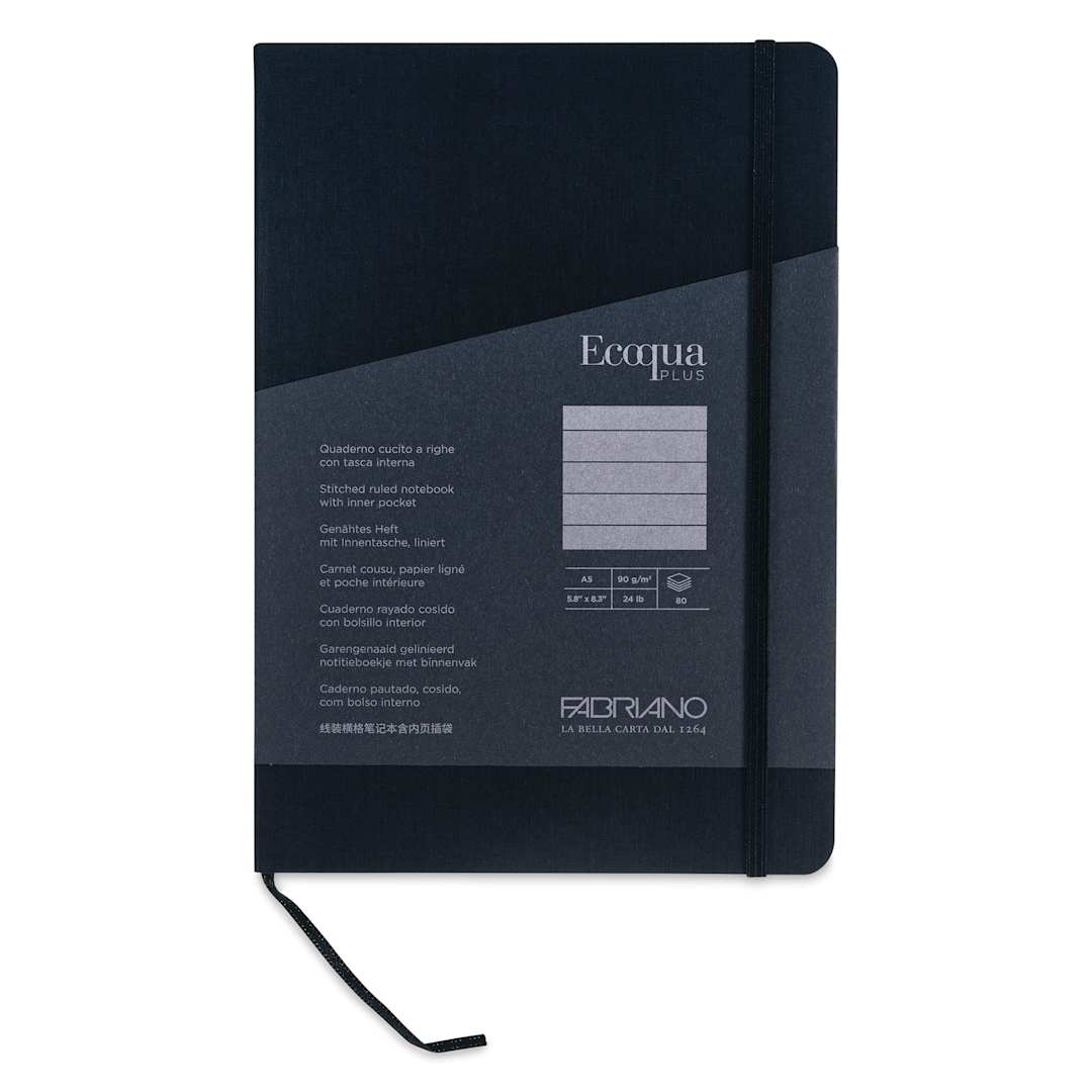 Open in modal - Fabriano EcoQua Plus Stitch-Bound Notebook - Black, 5-4/5" x 8-1/4", Lined, front cover