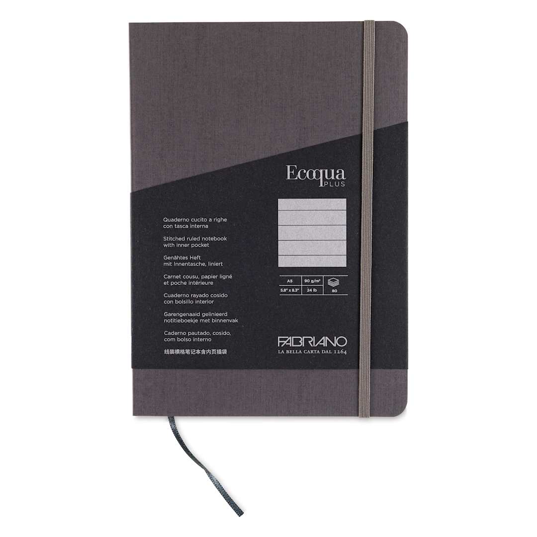 Open in modal - Fabriano EcoQua Plus Stitch-Bound Notebook - Grey, 5-4/5" x 8-1/4", Lined, front cover