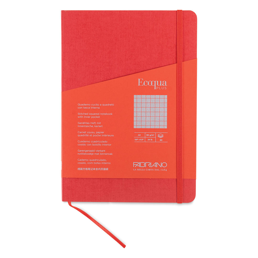 Open in modal - Fabriano EcoQua Plus Stitch-Bound Notebook - Red, 5-4/5" x 8-1/4", Grid, front cover