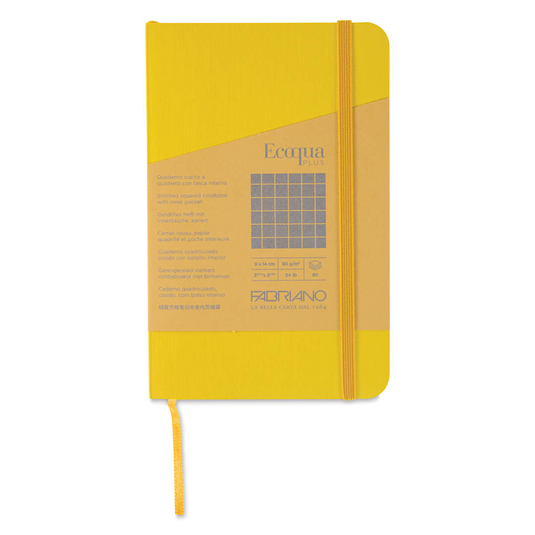 Open in modal - Fabriano EcoQua Plus Stitch-Bound Notebook - Yellow, 3-1/2" x 5-1/2", Grid, front cover