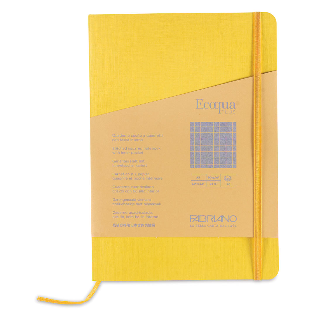 Open in modal - Fabriano EcoQua Plus Stitch-Bound Notebook - Yellow, 5-4/5" x 8-1/4", Grid, front cover