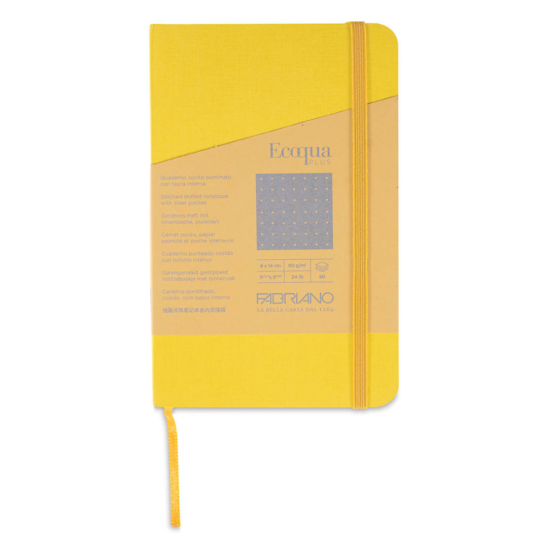 Open in modal - Fabriano EcoQua Plus Stitch-Bound Notebook - Yellow, 3-1/2" x 5-1/2", Dot Grid, front cover