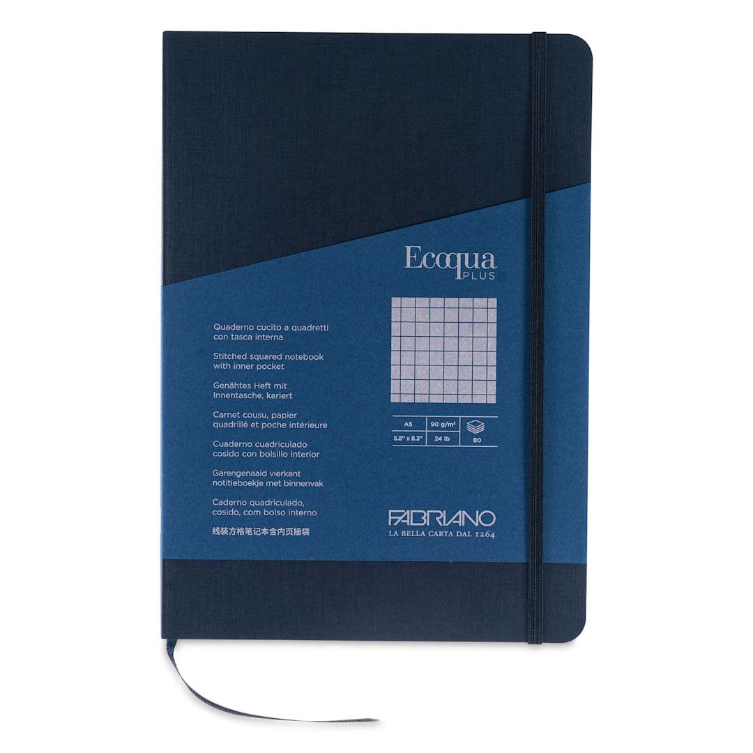 Open in modal - Fabriano EcoQua Plus Stitch-Bound Notebook - Navy, 5-4/5" x 8-1/4", Grid, front cover