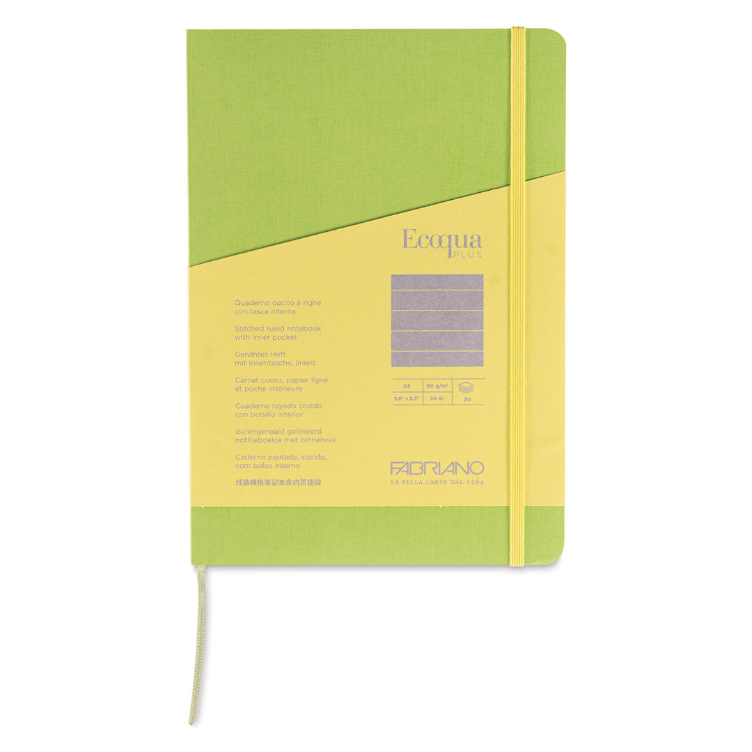 Open in modal - Fabriano EcoQua Plus Stitch-Bound Notebook - Lime, 5-4/5" x 8-1/4", Lined, front cover
