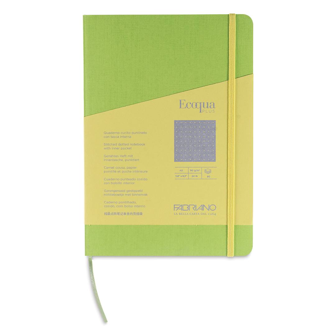 Open in modal - Fabriano EcoQua Plus Stitch-Bound Notebook - Lime, 5-4/5" x 8-1/4", Dot Grid, front cover