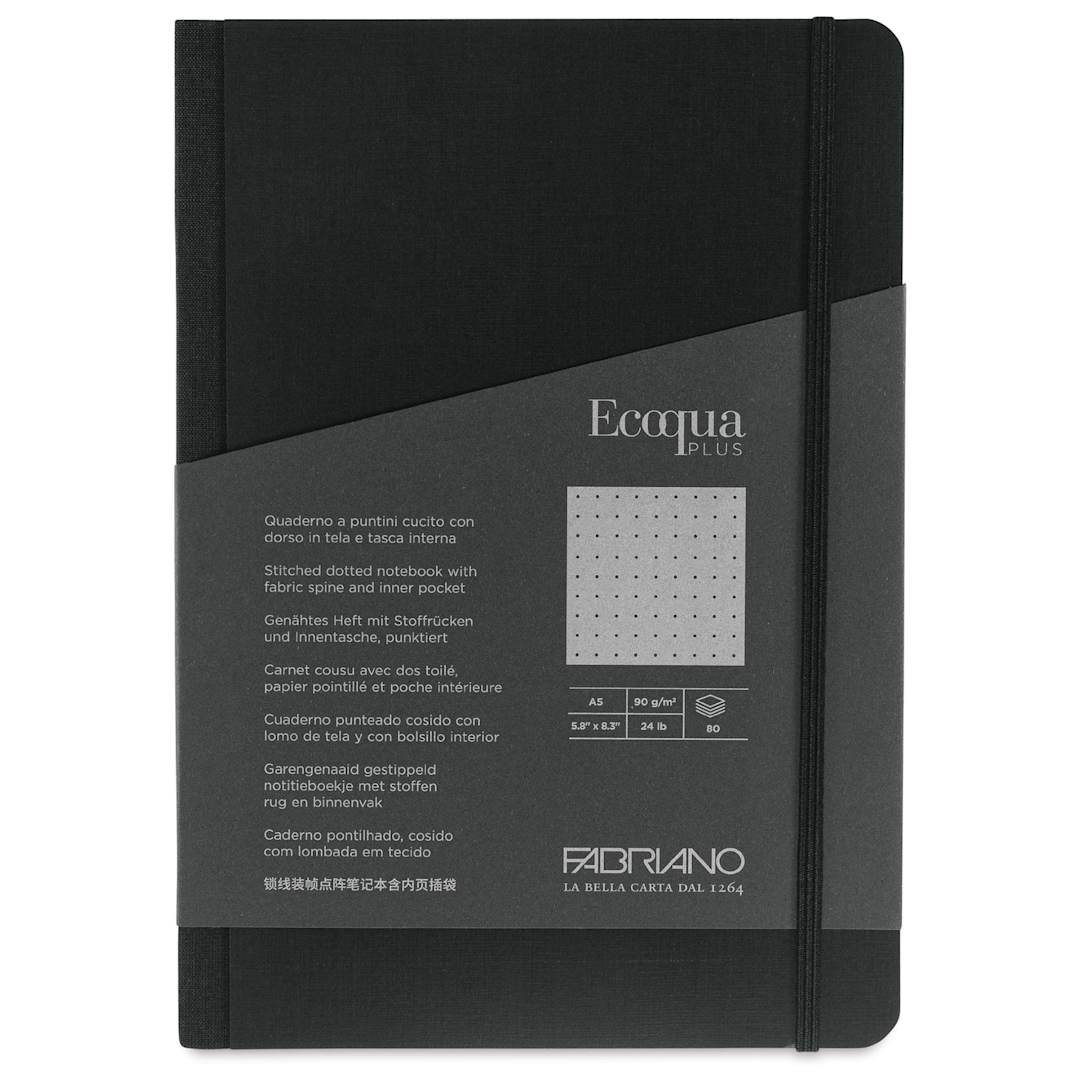 Open in modal - Fabriano Ecoqua Plus Fabric-Bound Notebook - Black, 5-4/5" x 8-1/4", Dot Grid, front cover