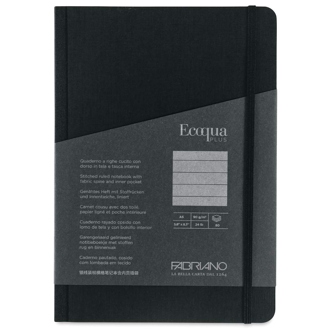 Open in modal - Fabriano Ecoqua Plus Fabric-Bound Notebook - Black, 5-4/5" x 8-1/4", Lined, front cover