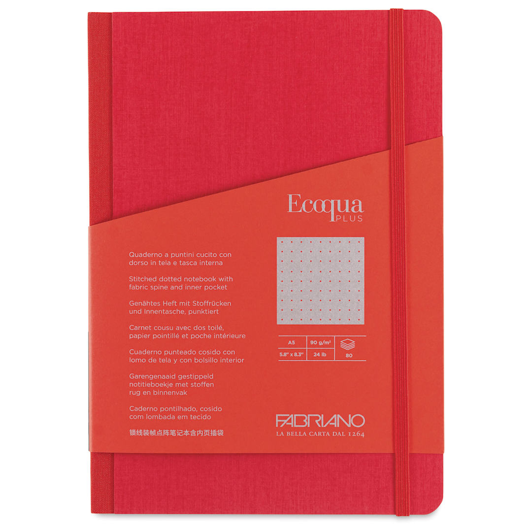Open in modal - Fabriano Ecoqua Plus Fabric-Bound Notebook - Red, 5-4/5" x 8-1/4", Dot Grid, front cover